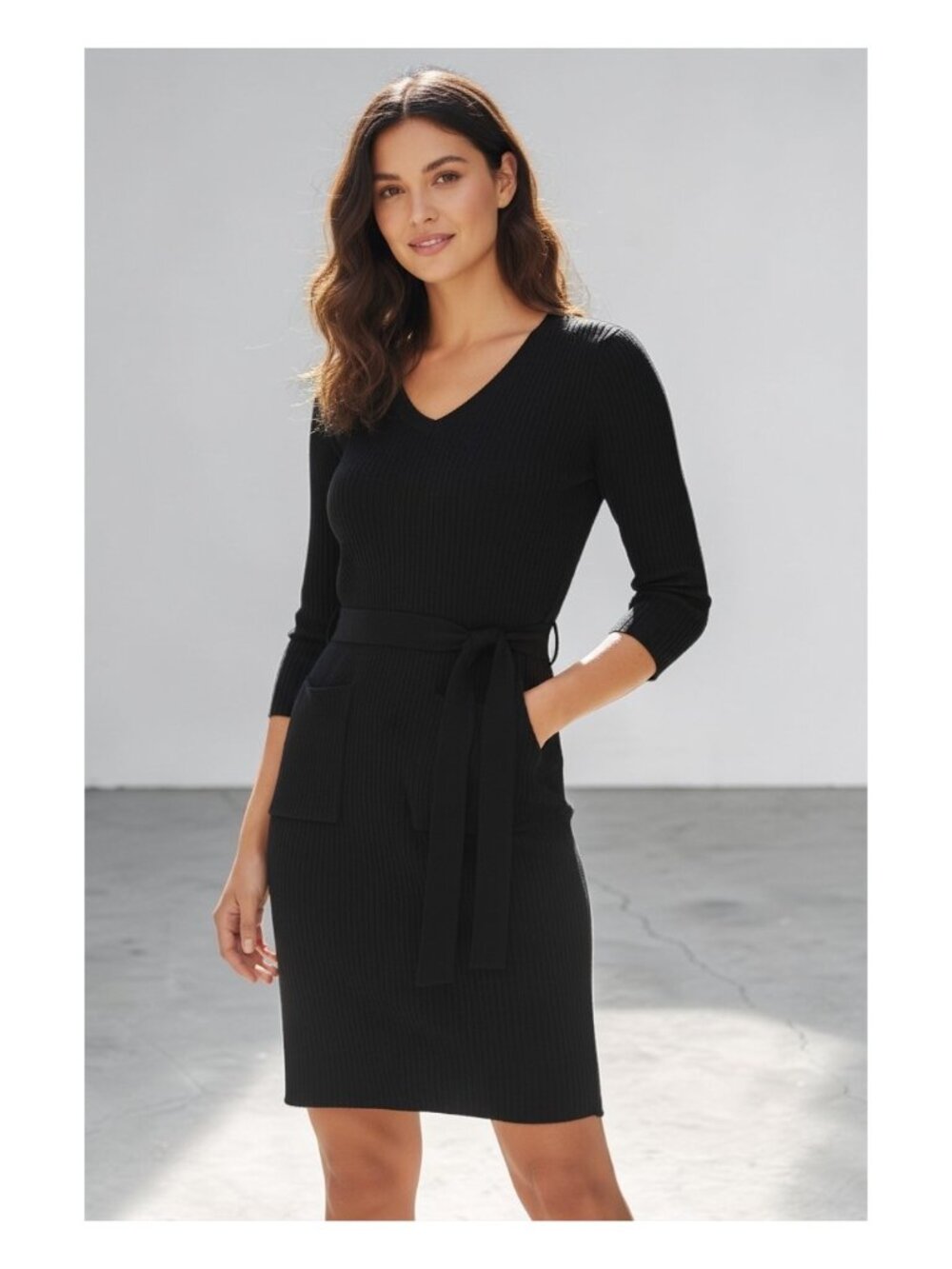 New York & Company V-Neck Belted Sweater Sheath Dress Black Size M Womens NEW